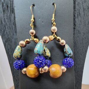 BrazenSoul Bold Boho Hoop Drop Earrings – Turquoise, Cobalt & Wood